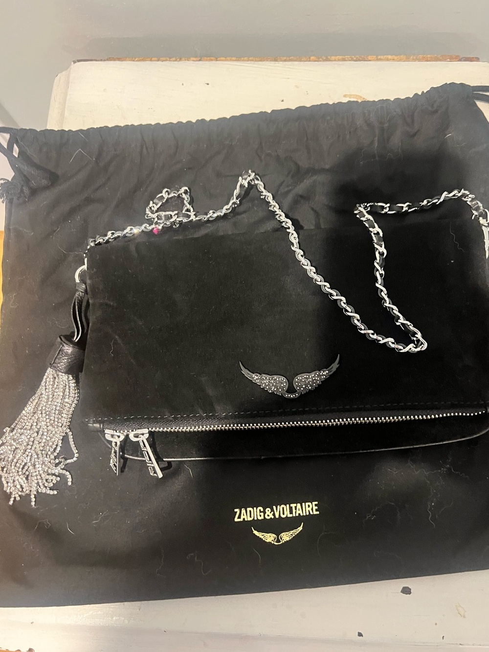 Zadig & Voltaire ROCK SUEDE STRASS TASSEL CROSSBODY BAG IN NOIR - Picture 2 of 13